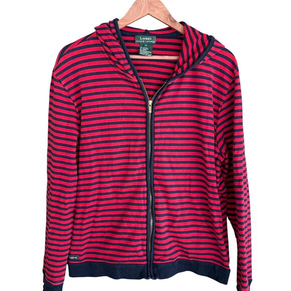 Ralph Lauren Striped Zip Up Jacket XL Red Navy Blue Hoodie Sweatshirt Top - Picture 1 of 5